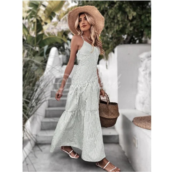 Striped Boho Maxi Button Front White Dress - Picture 4 of 8